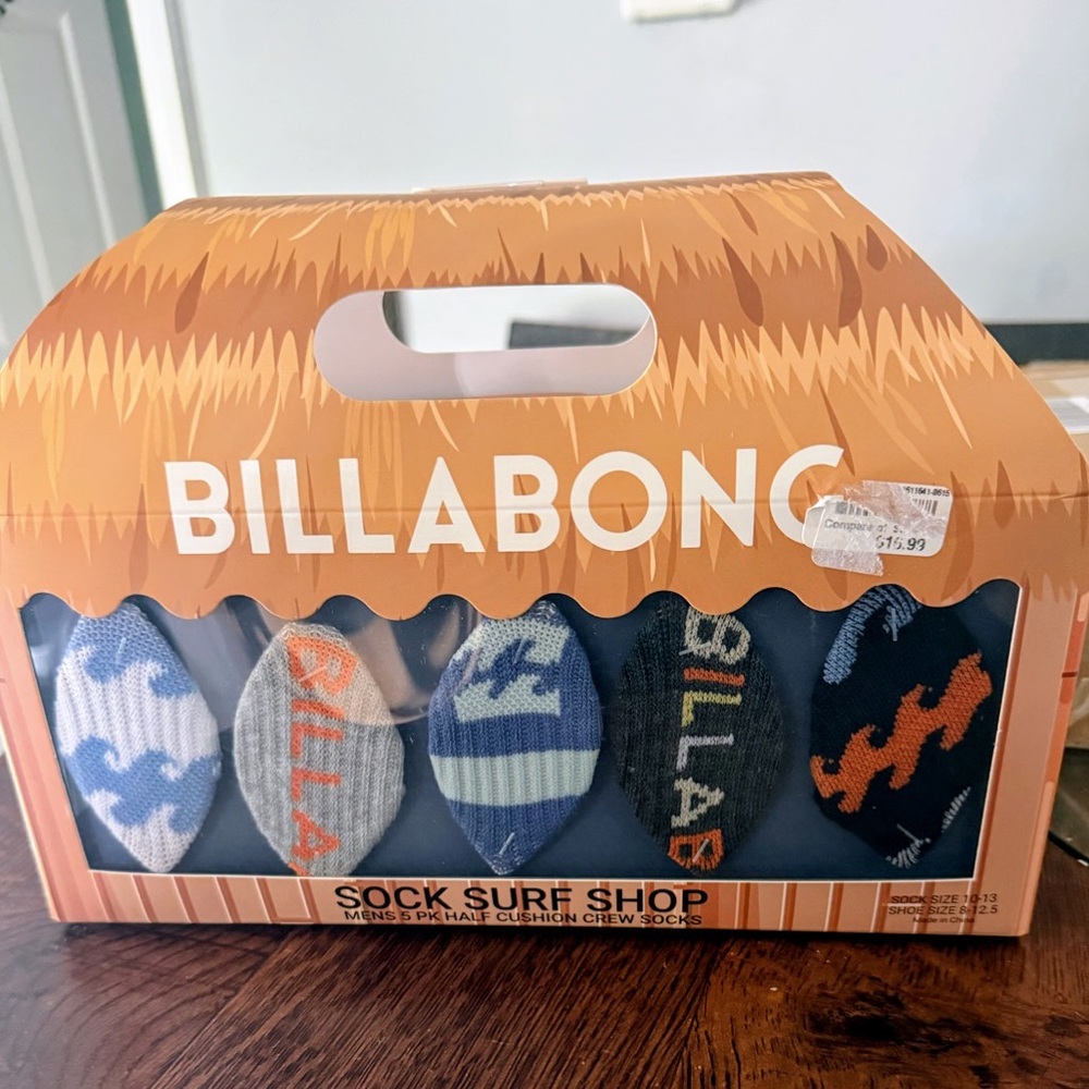 Billabong Men's 5-Pack Crew Socks – Blue, Gray, White & Orange Accents